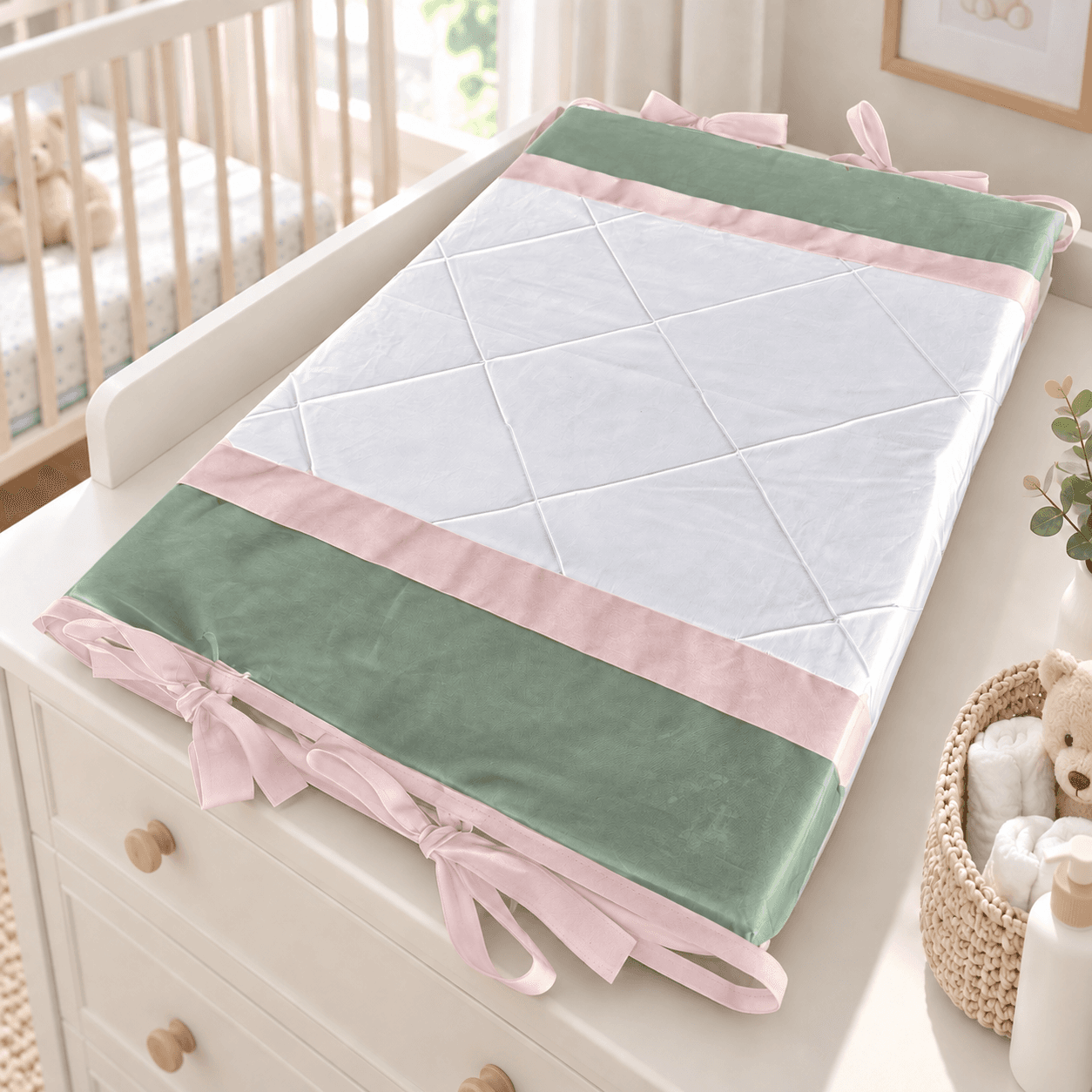 Trocador de Bebê Reto Verde Oliva com Rosa